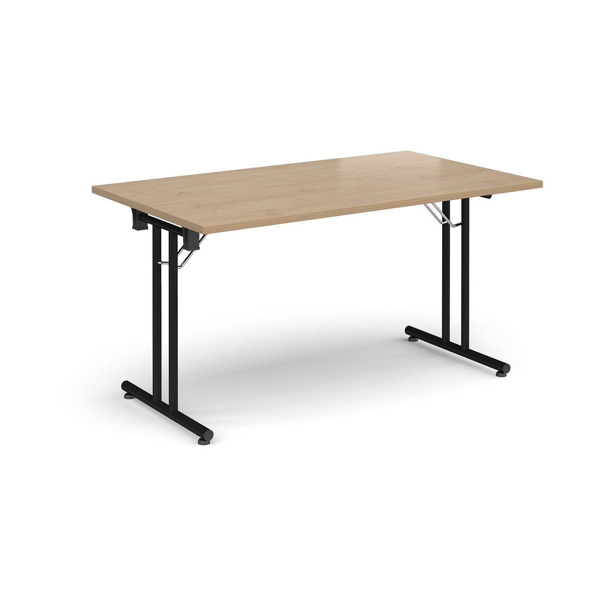 Picture of Rectangular folding leg table with black legs and straight foot rails 1400mm x 800mm - Kendal Oak