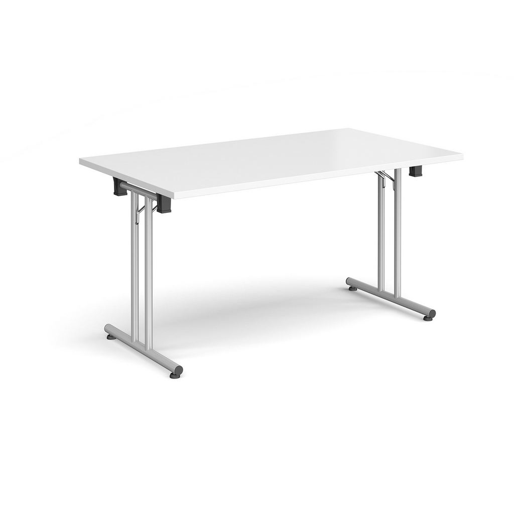 Picture of Rectangular folding leg table with silver legs and straight foot rails 1400mm x 800mm - white