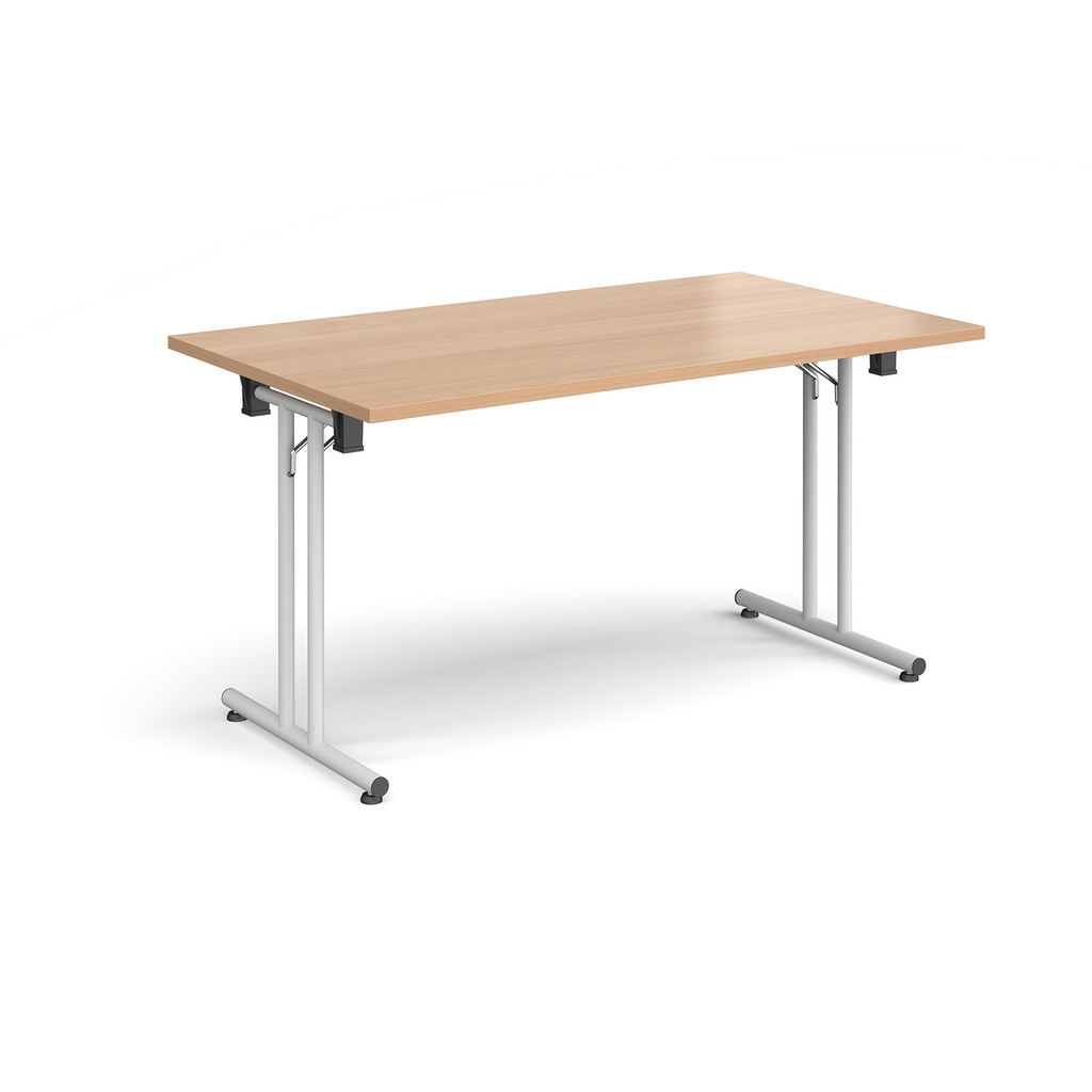 Picture of Rectangular folding leg table with white legs and straight foot rails 1400mm x 800mm - beech