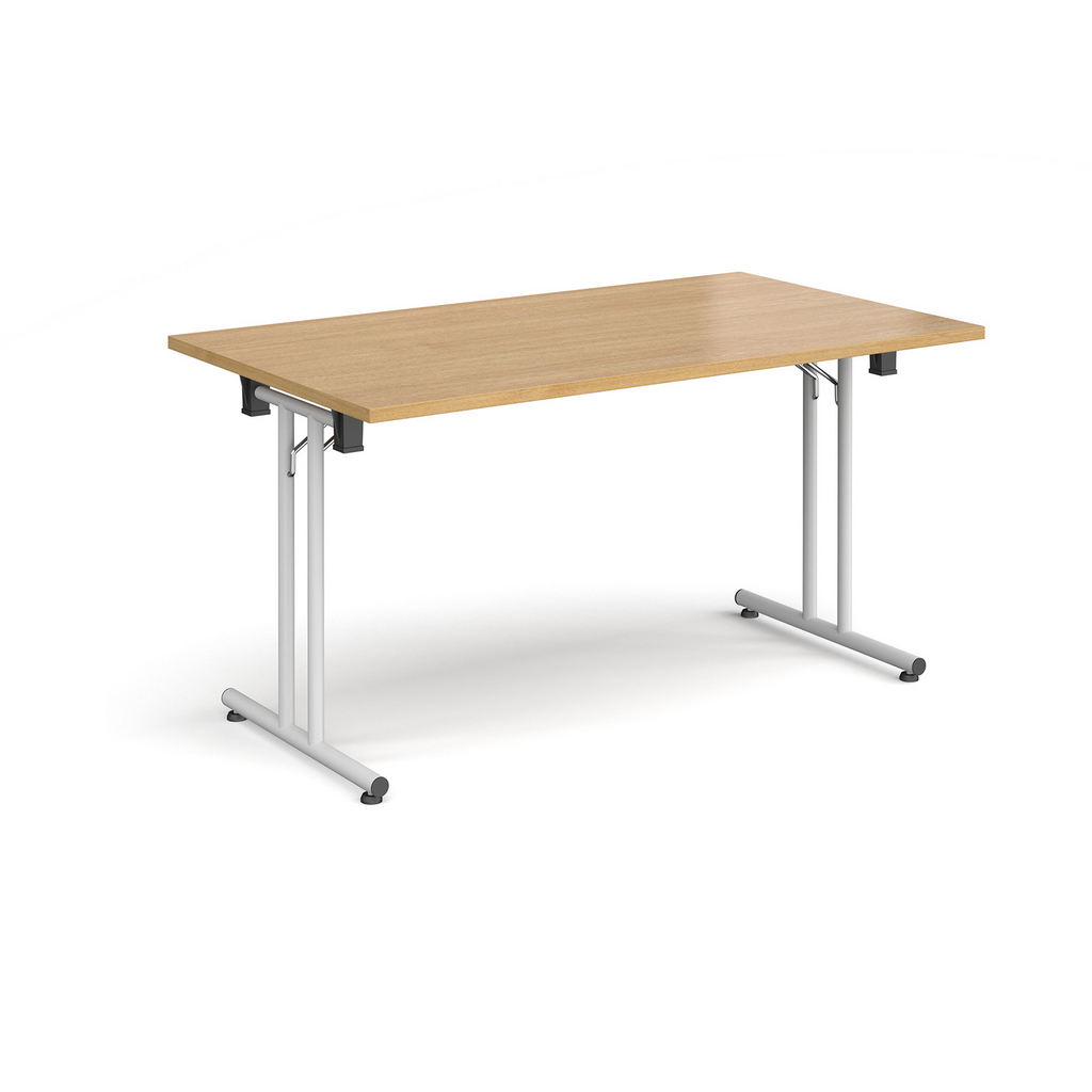 Picture of Rectangular folding leg table with white legs and straight foot rails 1400mm x 800mm - oak