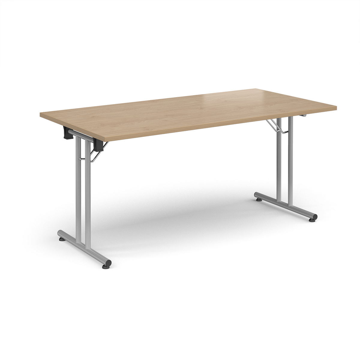 Picture of Semi circular folding leg table with black legs and straight foot rails 1600mm x 800mm - Kendal Oak