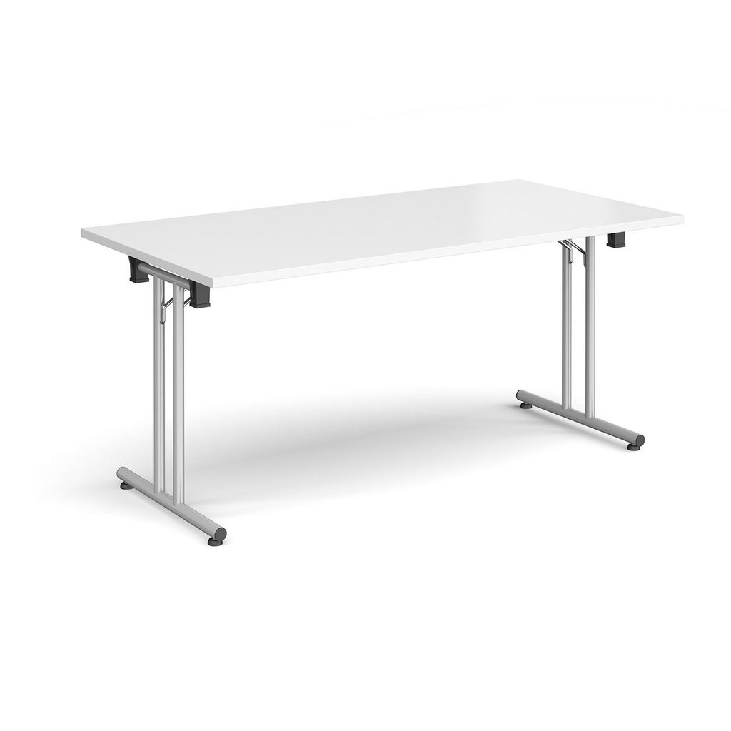 Picture of Rectangular folding leg table with silver legs and straight foot rails 1600mm x 800mm - white