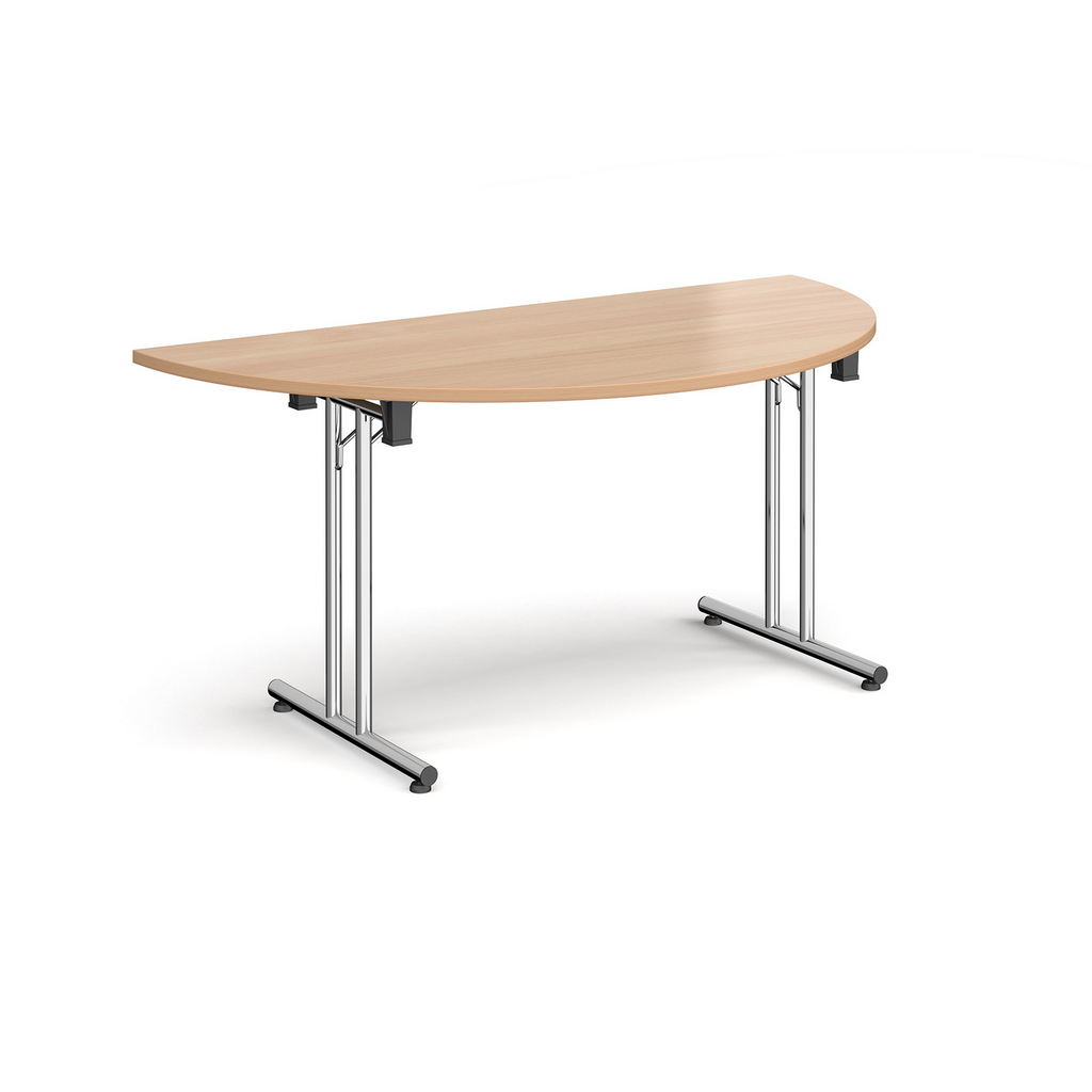 Picture of Semi circular folding leg table with chrome legs and straight foot rails 1600mm x 800mm - beech