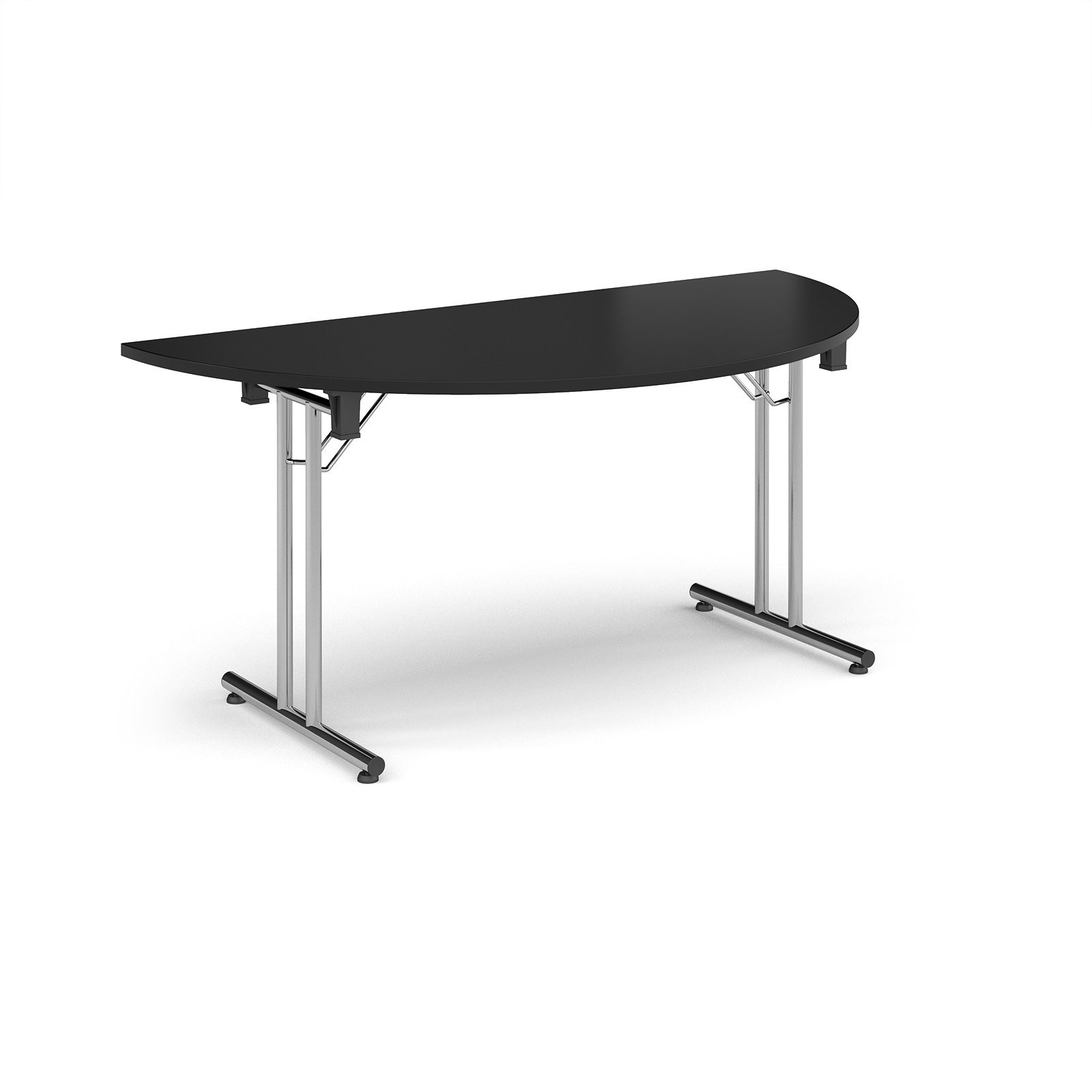 Picture of Semi circular folding leg table with chrome legs and straight foot rails 1600mm x 800mm - Black