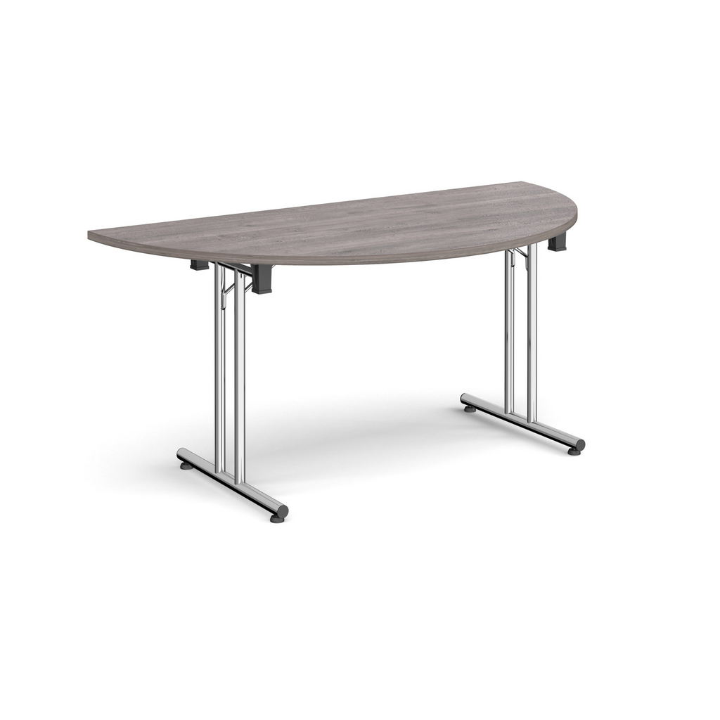 Picture of Semi circular folding leg table with chrome legs and straight foot rails 1600mm x 800mm - grey oak