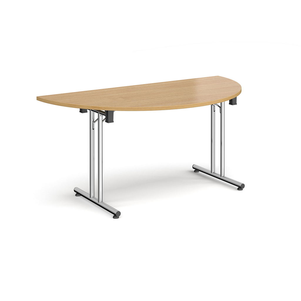 Picture of Semi circular folding leg table with chrome legs and straight foot rails 1600mm x 800mm - oak