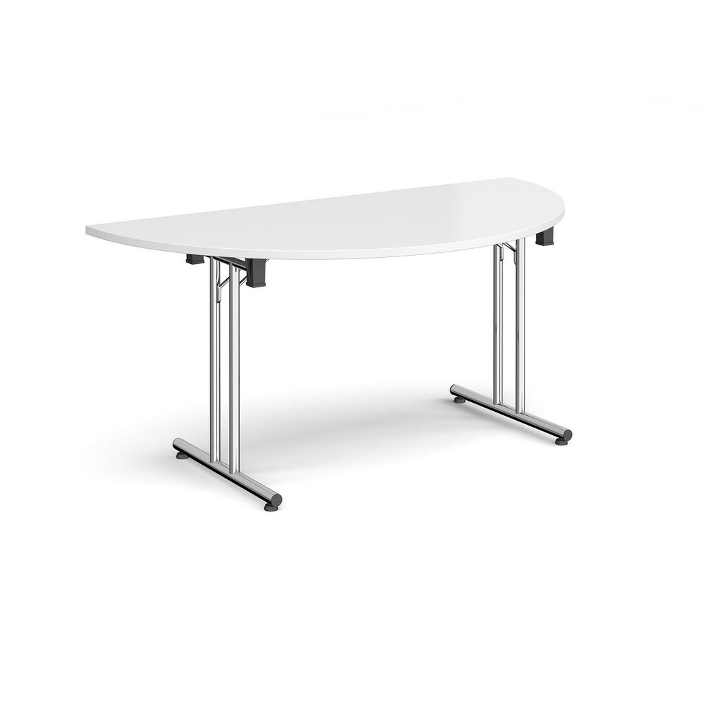 Picture of Semi circular folding leg table with chrome legs and straight foot rails 1600mm x 800mm - white