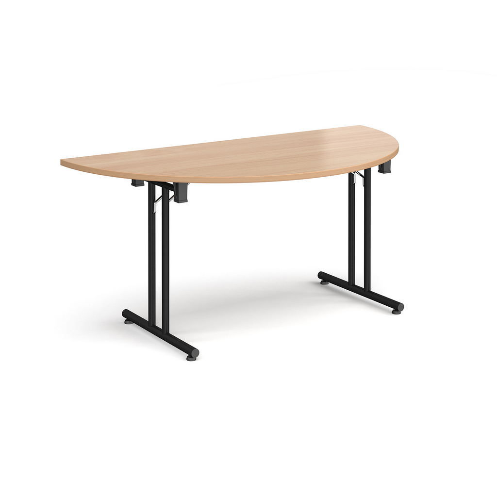 Picture of Semi circular folding leg table with black legs and straight foot rails 1600mm x 800mm - beech