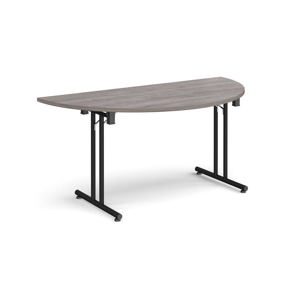 Picture of Semi circular folding leg table with black legs and straight foot rails 1600mm x 800mm - grey oak