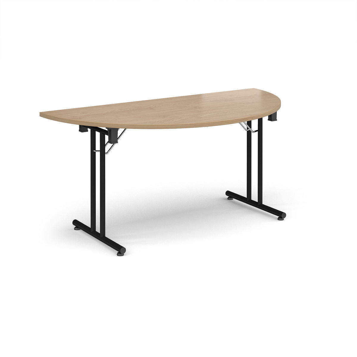 Picture of Semi circular folding leg table with black legs and straight foot rails 1600mm x 800mm - Kendal Oak