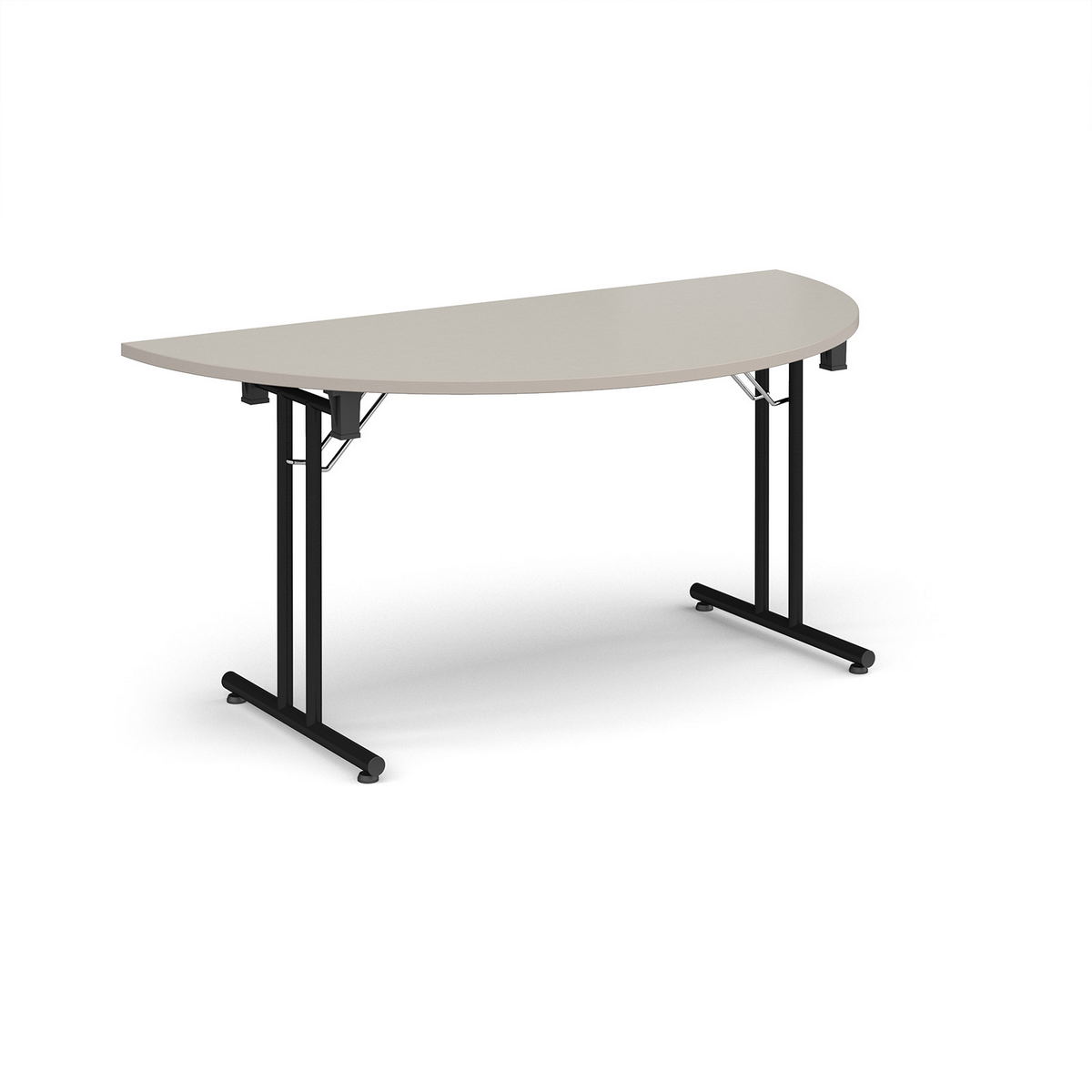 Picture of Semi circular folding leg table with black legs and straight foot rails 1600mm x 800mm - Light Grey