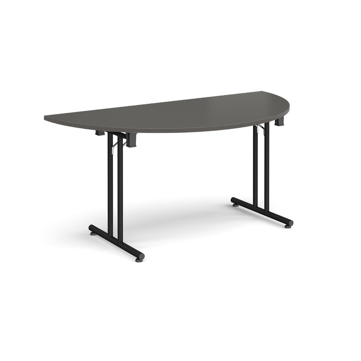 Picture of Semi circular folding leg table with black legs and straight foot rails 1600mm x 800mm - Onyx Grey