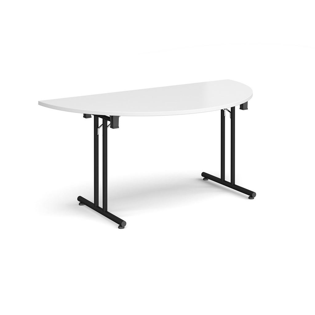 Picture of Semi circular folding leg table with black legs and straight foot rails 1600mm x 800mm - white