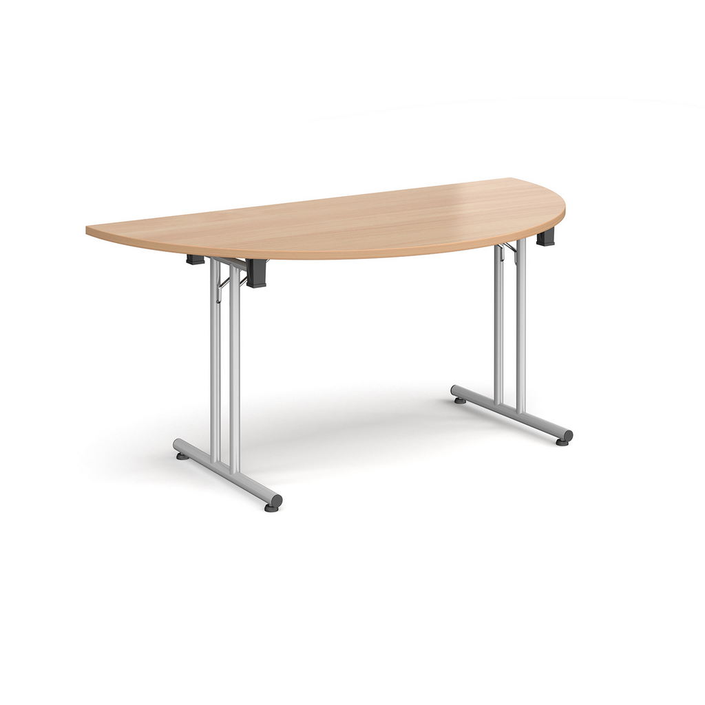 Picture of Semi circular folding leg table with silver legs and straight foot rails 1600mm x 800mm - beech