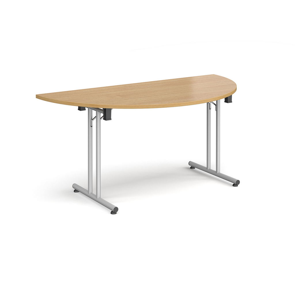 Picture of Semi circular folding leg table with silver legs and straight foot rails 1600mm x 800mm - oak