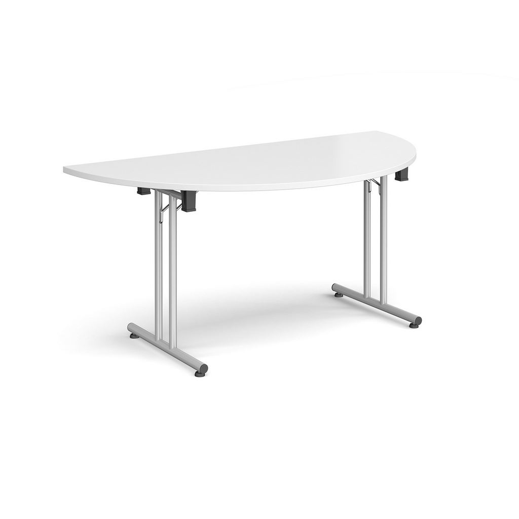 Picture of Semi circular folding leg table with silver legs and straight foot rails 1600mm x 800mm - white