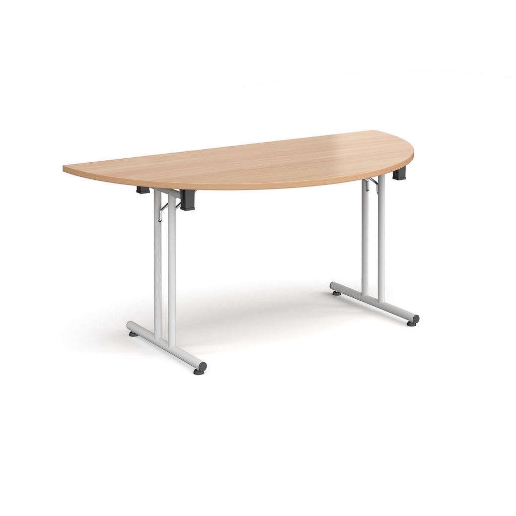 Picture of Semi circular folding leg table with white legs and straight foot rails 1600mm x 800mm - beech