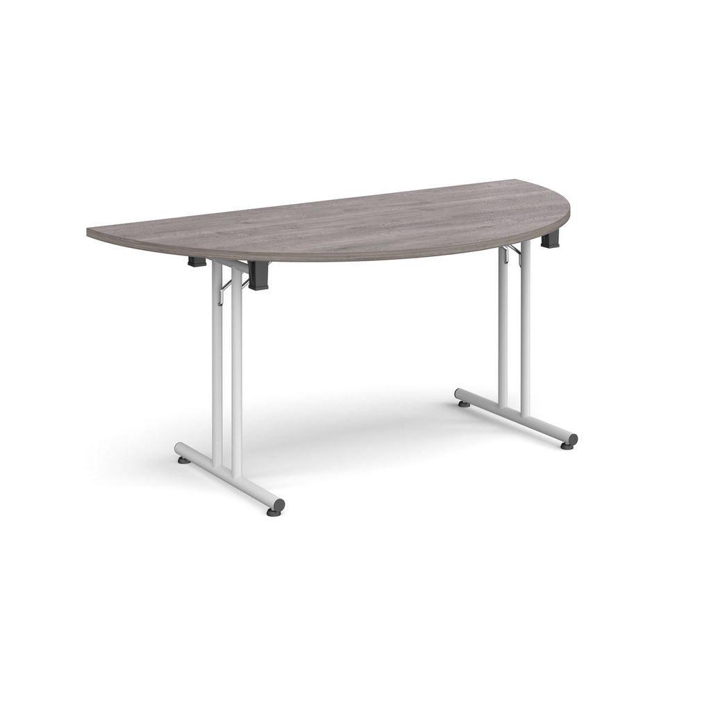 Picture of Semi circular folding leg table with white legs and straight foot rails 1600mm x 800mm - grey oak