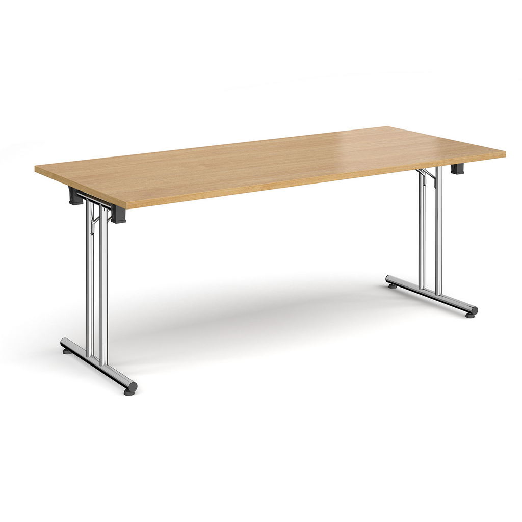 Picture of Rectangular folding leg table with chrome legs and straight foot rails 1800mm x 800mm - oak