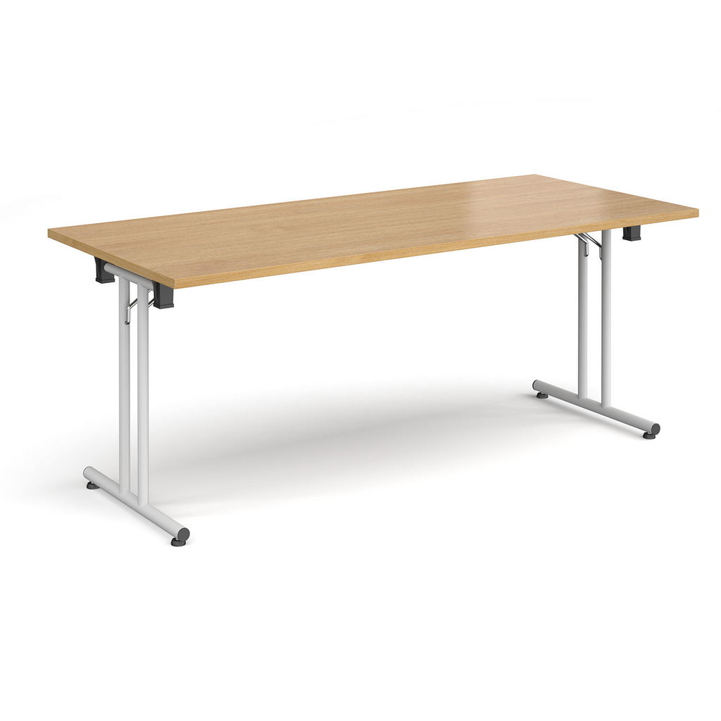 Picture of Rectangular folding leg table with white legs and straight foot rails 1800mm x 800mm - oak