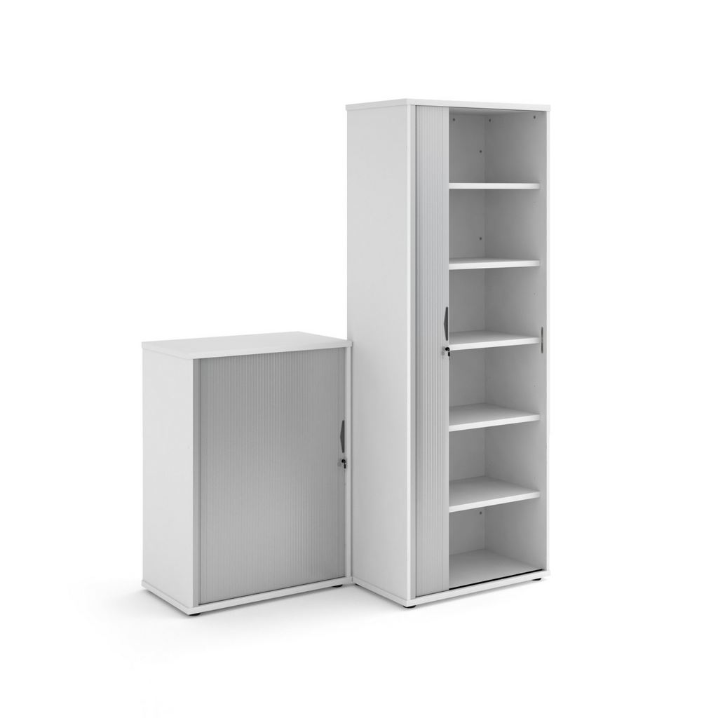 Picture of Universal single door tambour cupboard 2140mm high with 5 shelves - white with silver door