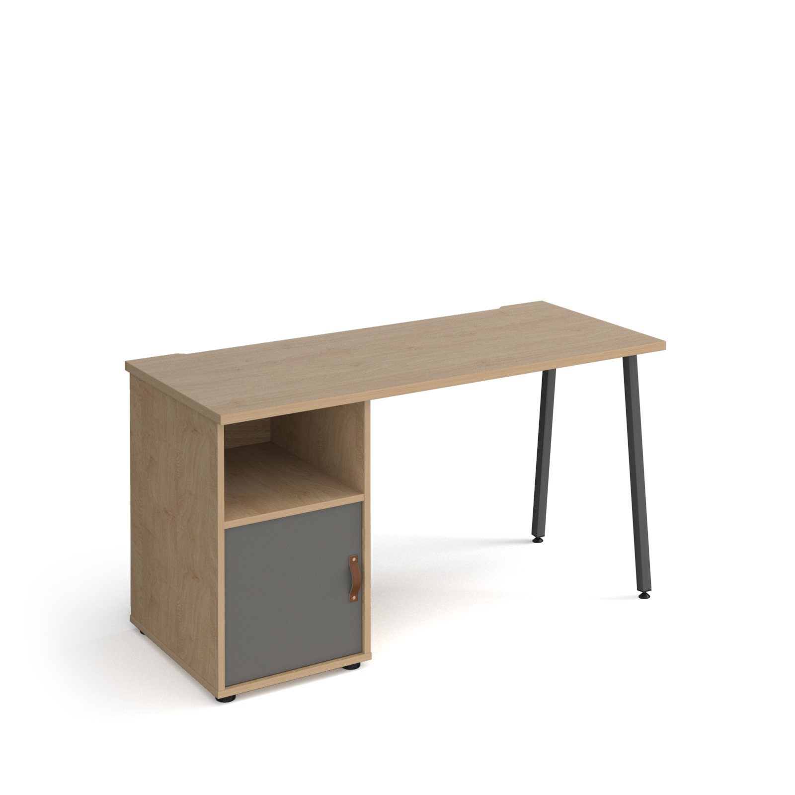 Picture of Sparta straight desk 1400mm x 600mm with A-frame leg and support pedestal with cupboard door - charcoal frame, oak finish with grey door