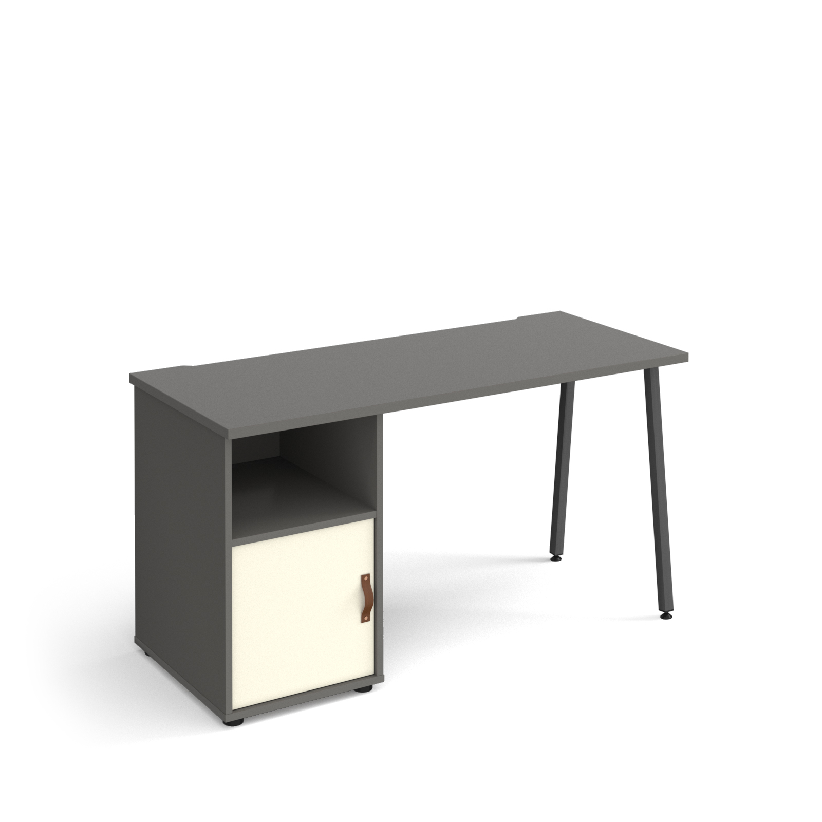 Picture of Sparta straight desk 1400mm x 600mm with A-frame leg and support pedestal with cupboard door - charcoal frame, grey finish with white door