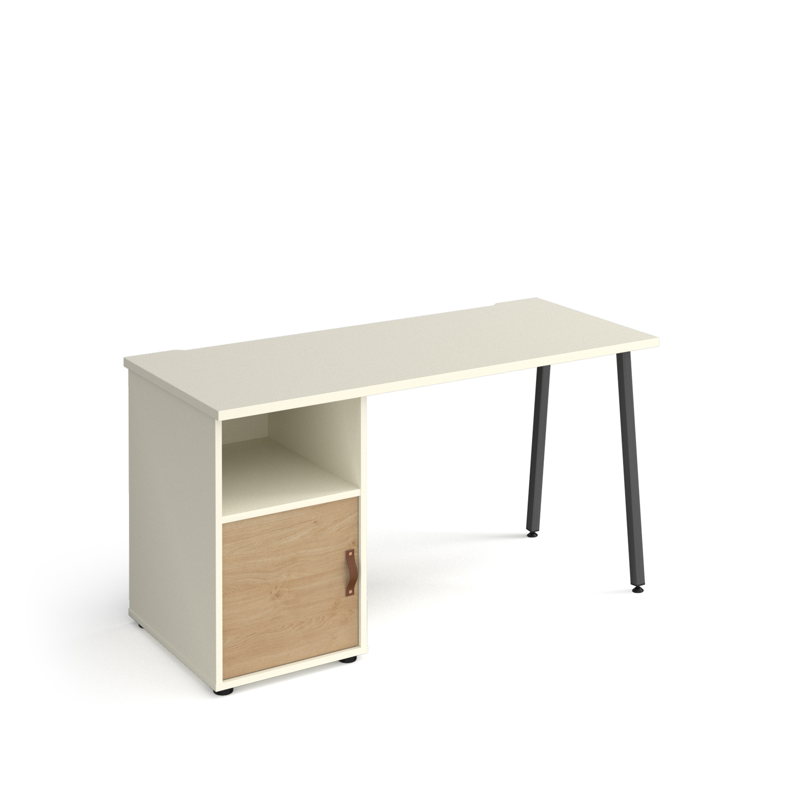 Picture of Sparta straight desk 1400mm x 600mm with A-frame leg and support pedestal with cupboard door - charcoal frame, white finish with oak door
