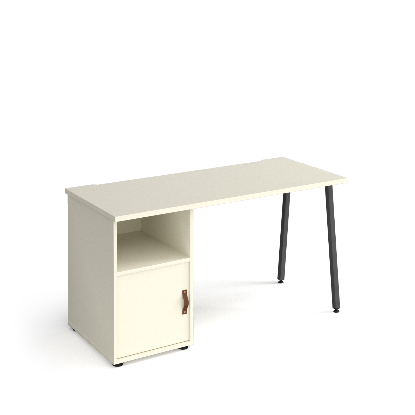 Picture of Sparta straight desk 1400mm x 600mm with A-frame leg and support pedestal with cupboard door - charcoal frame, white finish with white door