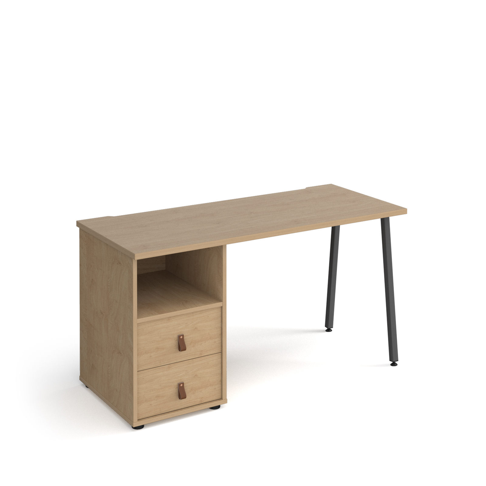 Picture of Sparta straight desk 1400mm x 600mm with A-frame leg and support pedestal with drawers - charcoal frame, oak finish with oak drawers