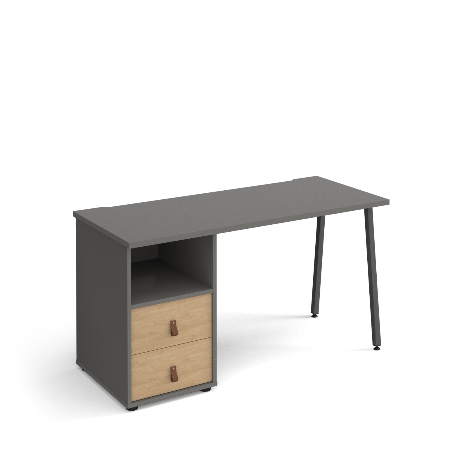 Picture of Sparta straight desk 1400mm x 600mm with A-frame leg and support pedestal with drawers - charcoal frame, grey finish with oak drawers