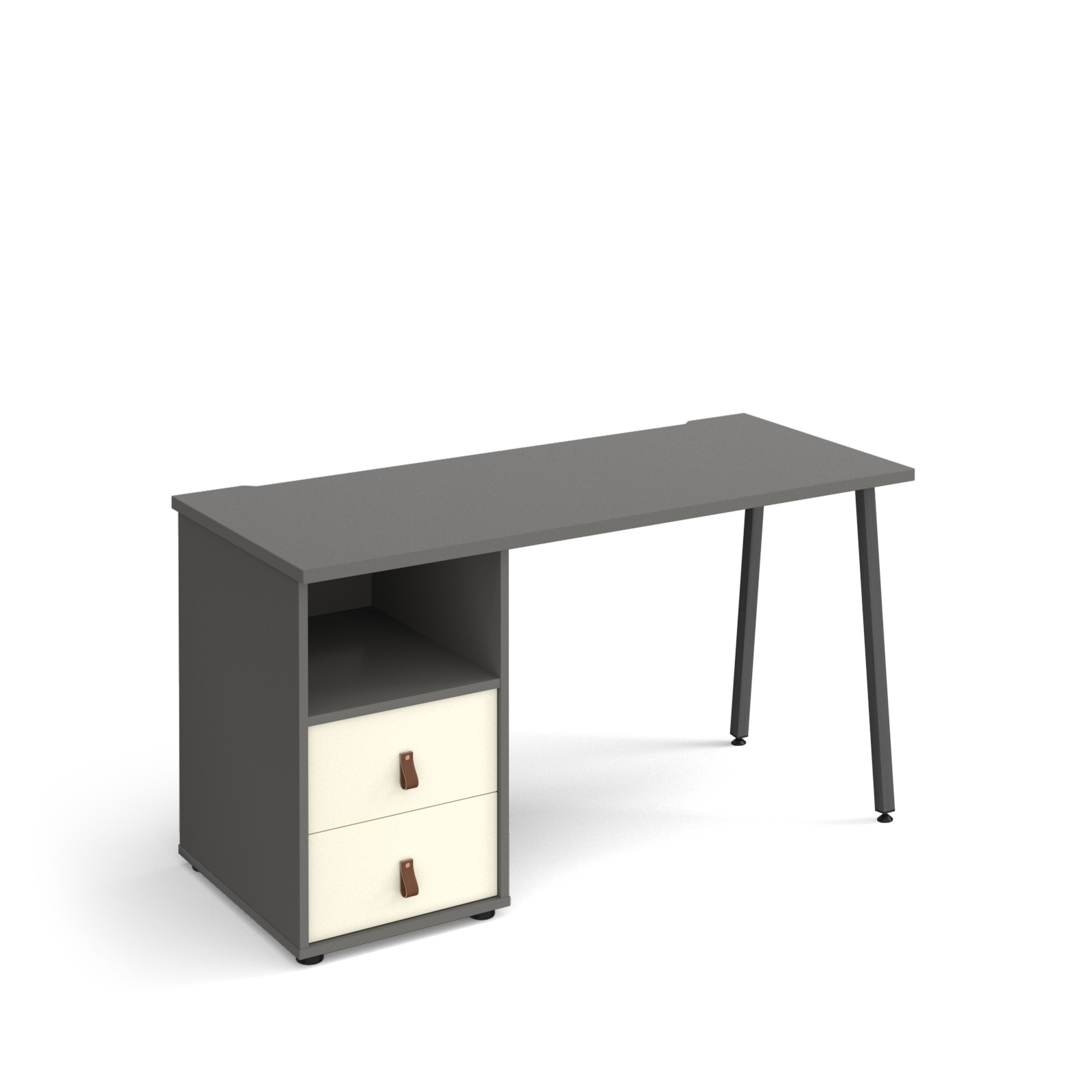 Picture of Sparta straight desk 1400mm x 600mm with A-frame leg and support pedestal with drawers - charcoal frame, grey finish with white drawers