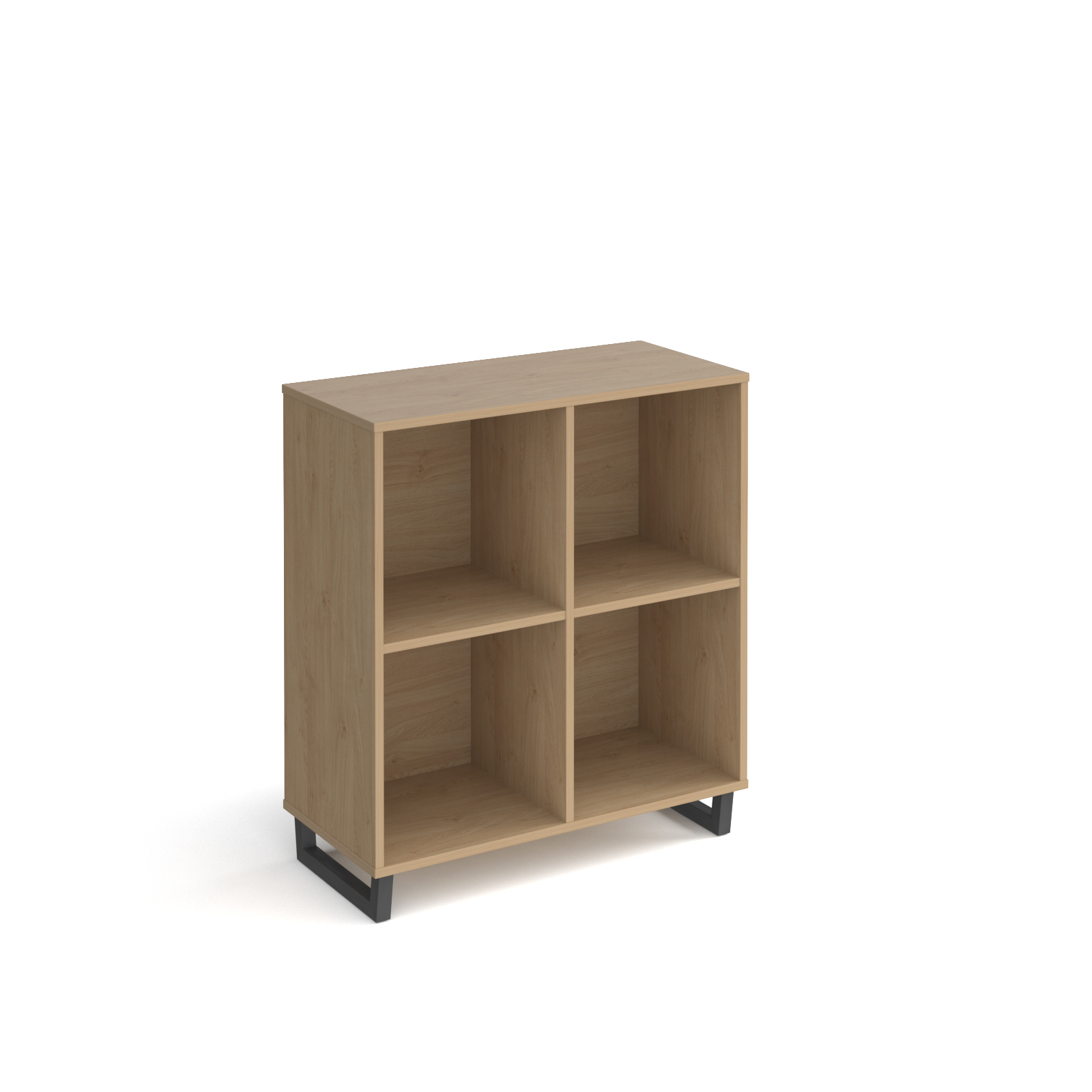 Picture of Sparta cube storage unit 950mm high with 4 open boxes and charcoal A-frame legs - oak