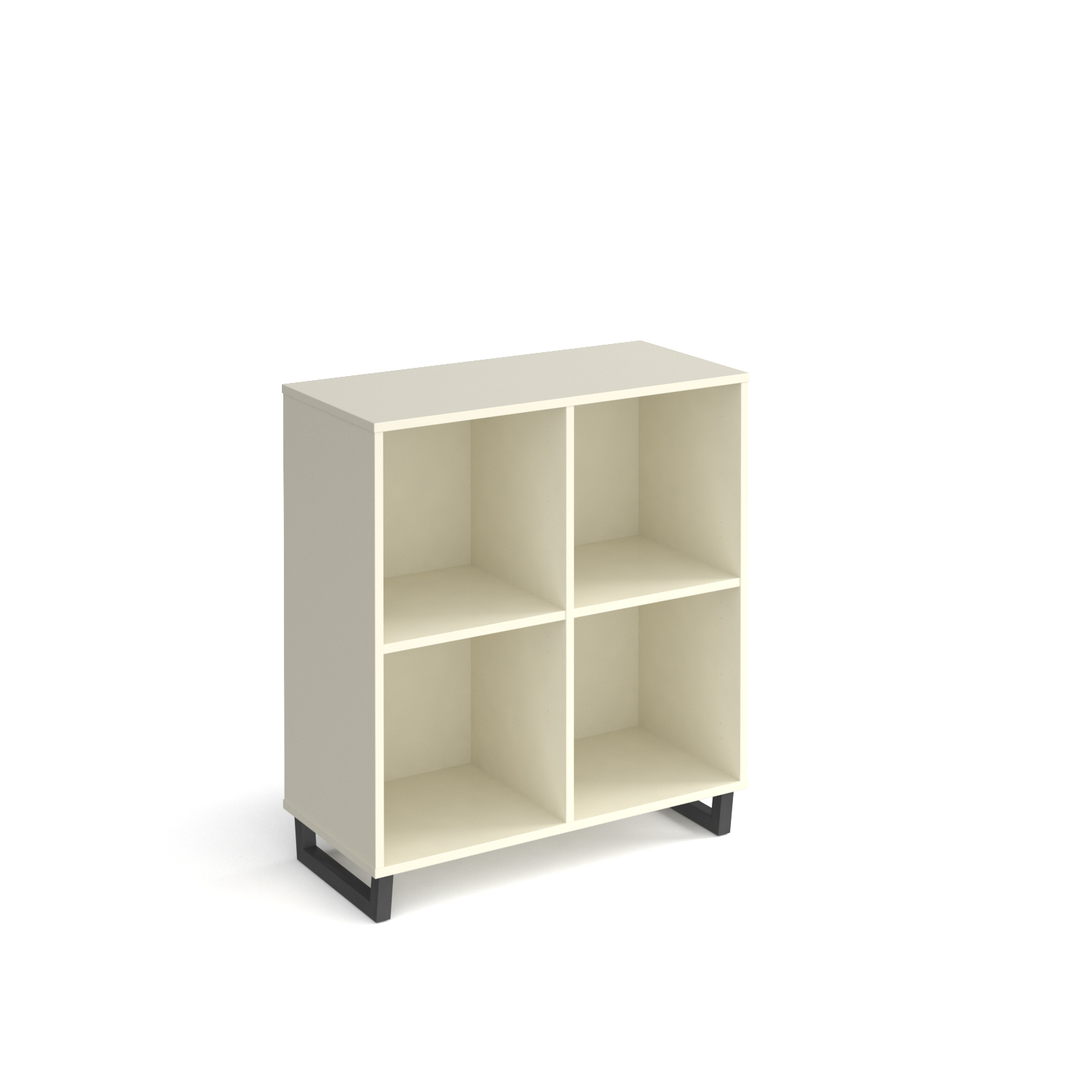 Picture of Sparta cube storage unit 950mm high with 4 open boxes and charcoal A-frame legs - white