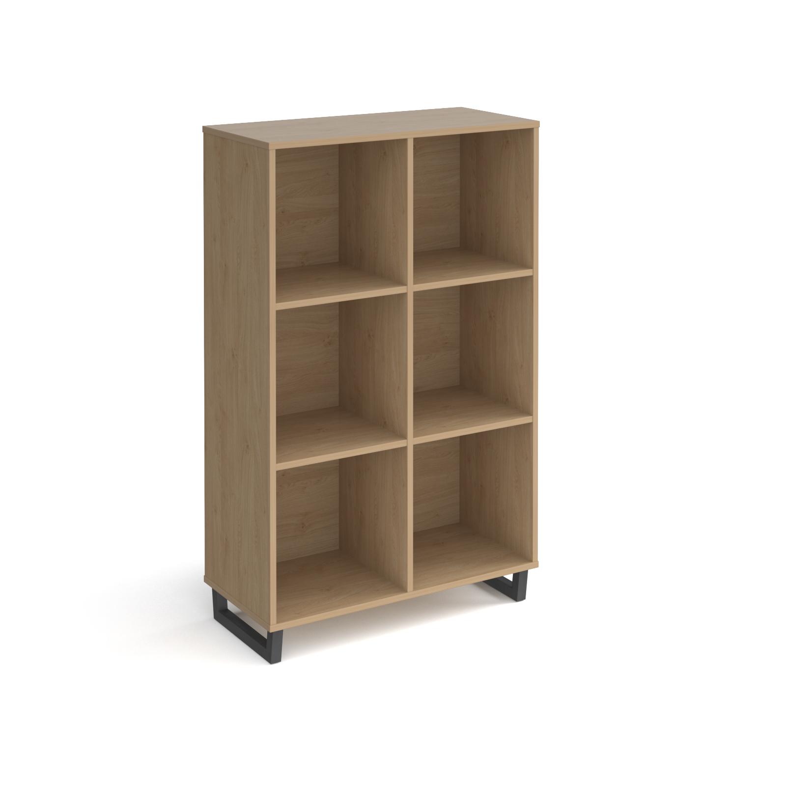 Picture of Sparta cube storage unit 1370mm high with 6 open boxes and charcoal A-frame legs - oak