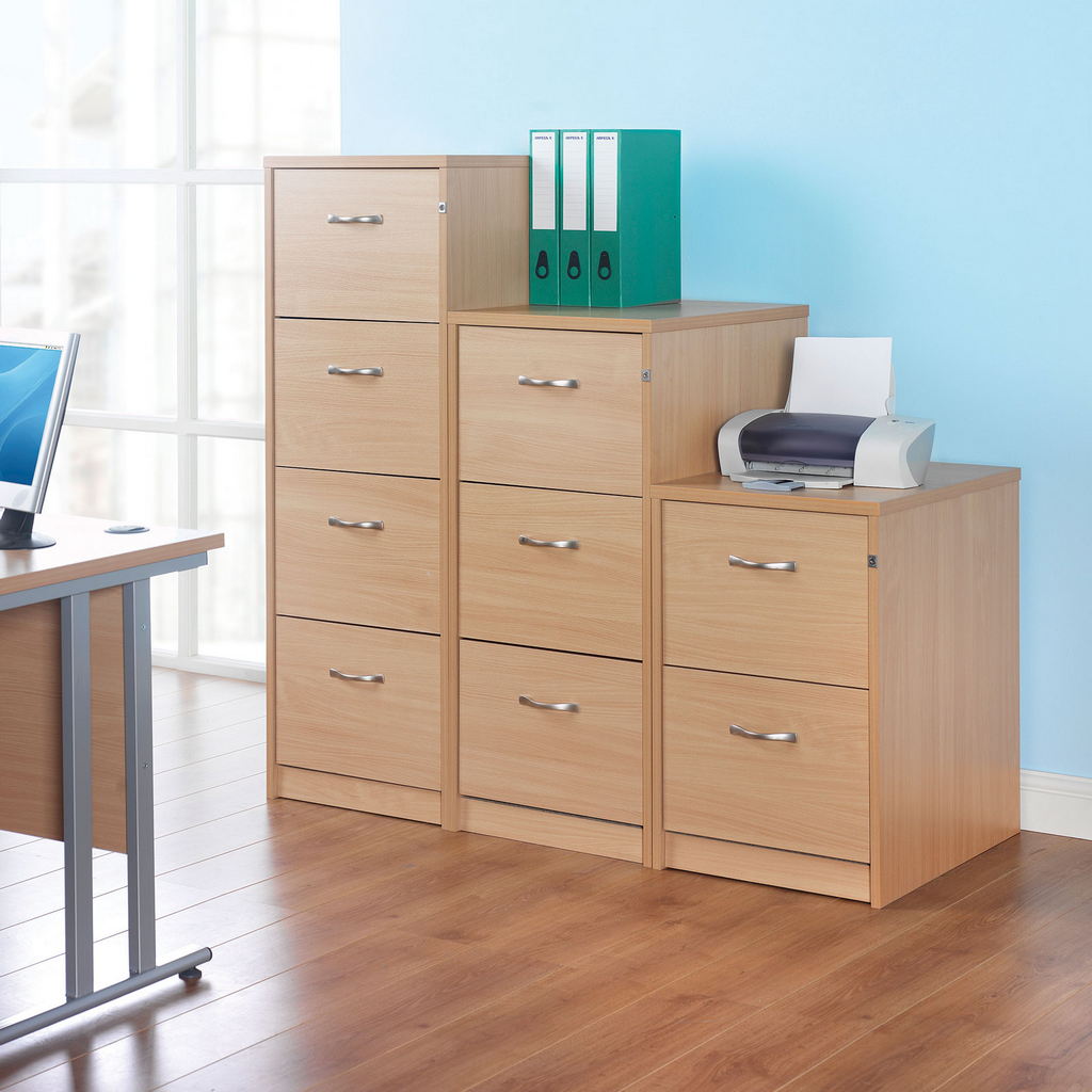 Picture of Wooden 4 drawer filing cabinet with silver handles 1360mm high - oak
