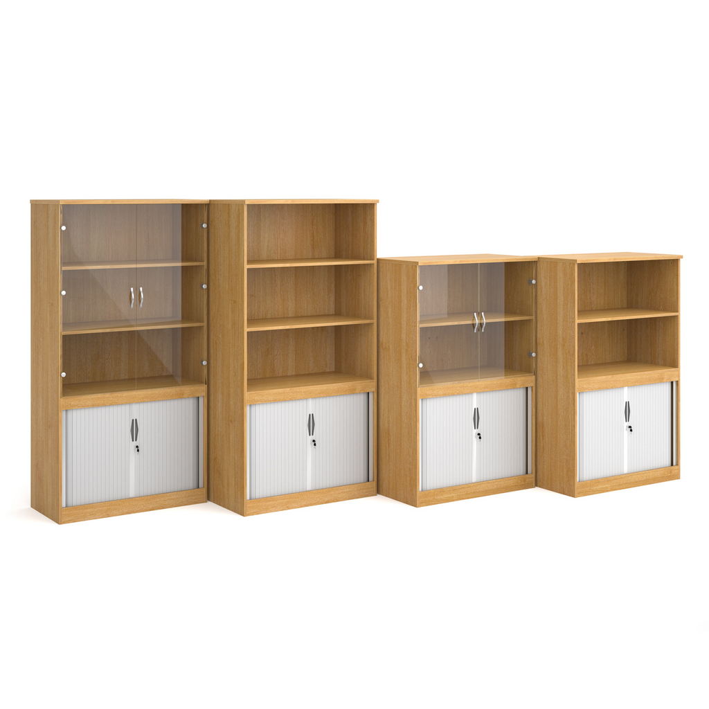 Picture of Systems combination unit with tambour doors and open top 2000mm high with 2 shelves - oak