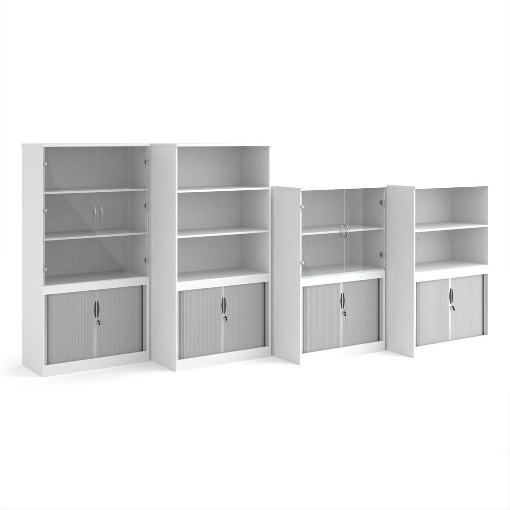 Picture of Systems combination unit with tambour doors and glass upper doors 1600mm high with 2 shelves - white