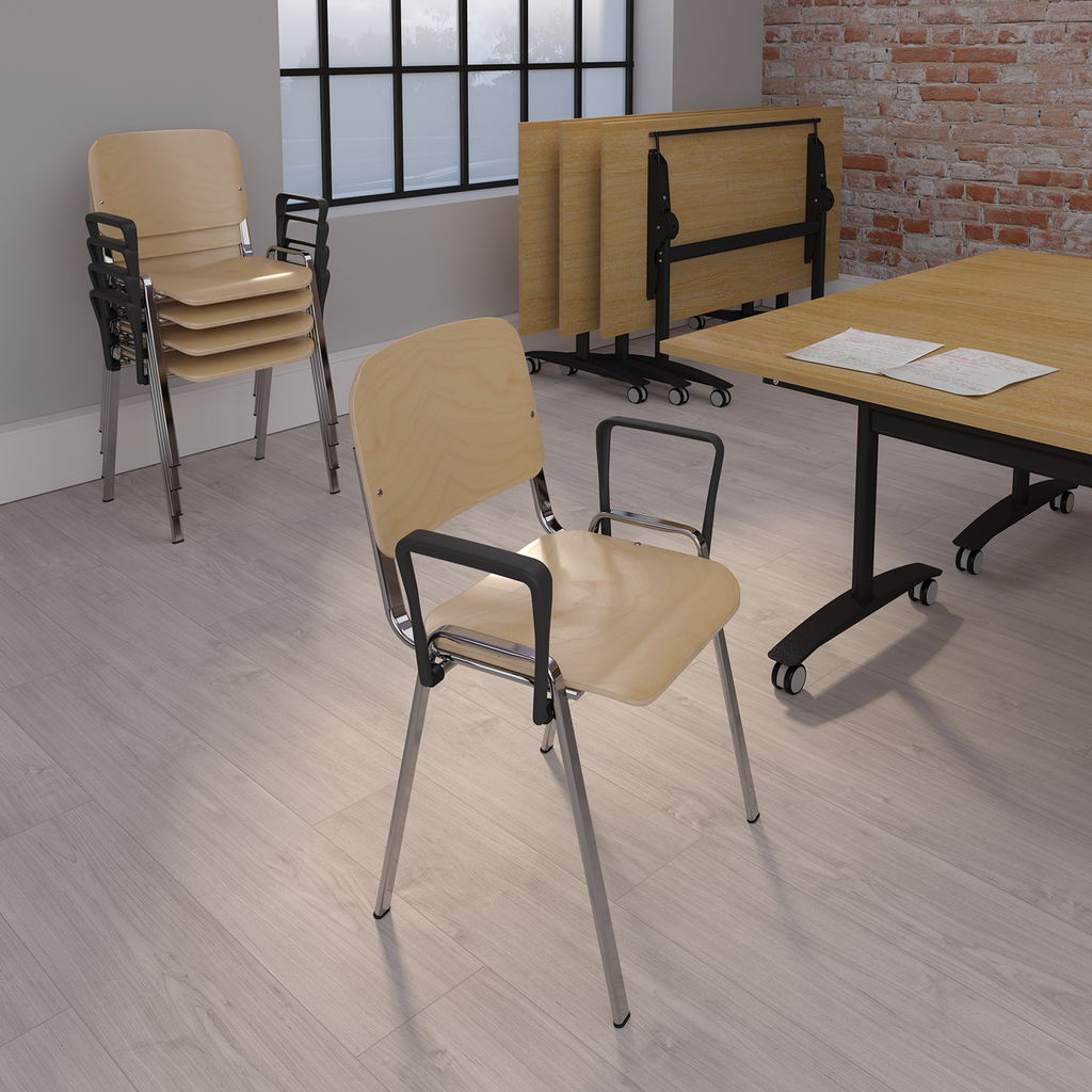 Picture of Taurus wooden meeting room stackable chair with fixed arms - beech with chrome frame