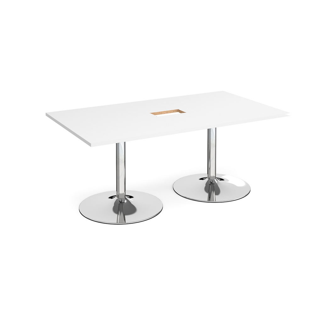 Picture of Trumpet base rectangular boardroom table 1800mm x 1000mm with central cutout 272mm x 132mm - chrome base, white top