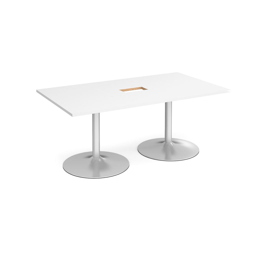 Picture of Trumpet base rectangular boardroom table 1800mm x 1000mm with central cutout 272mm x 132mm - silver base, white top