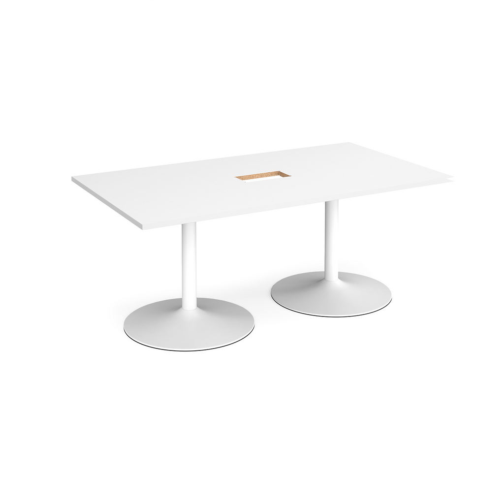 Picture of Trumpet base rectangular boardroom table 1800mm x 1000mm with central cutout 272mm x 132mm - white base, white top