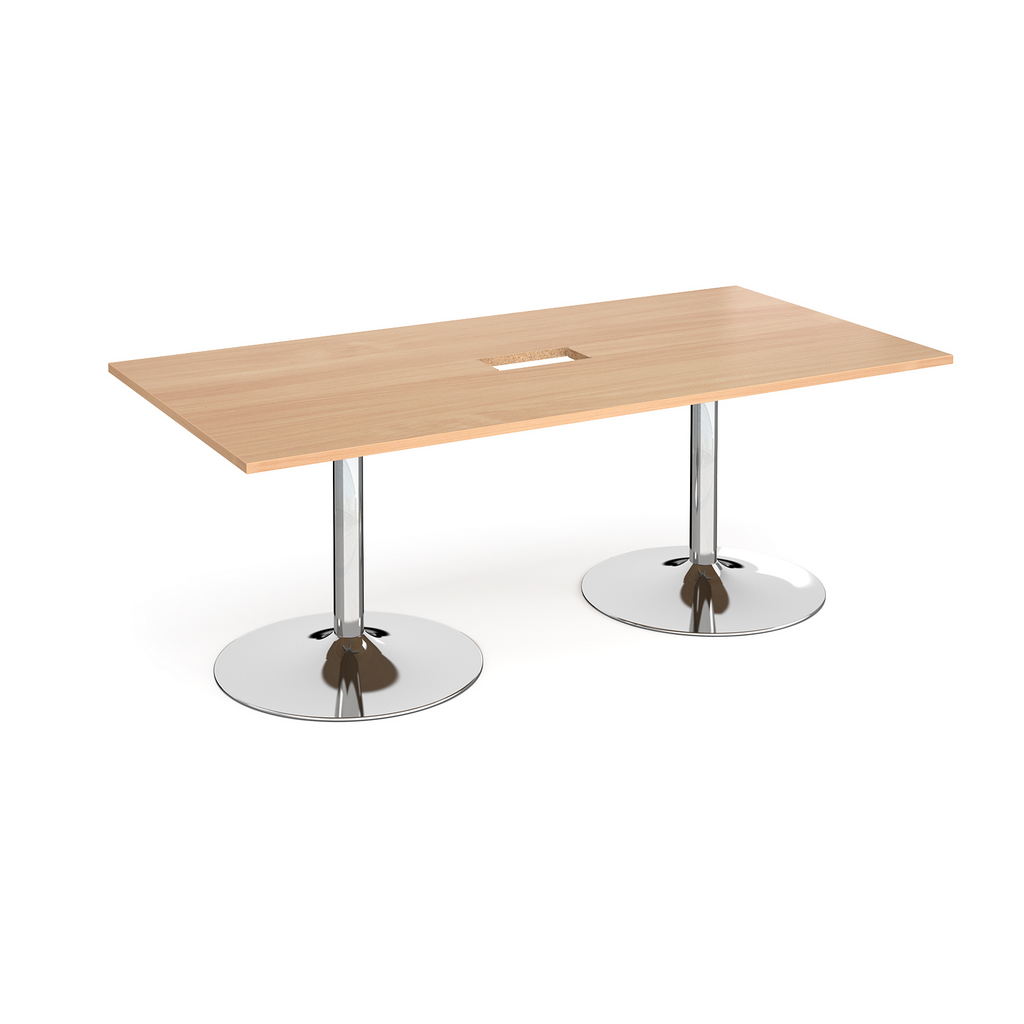 Picture of Trumpet base rectangular boardroom table 2000mm x 1000mm with central cutout 272mm x 132mm - chrome base, beech top