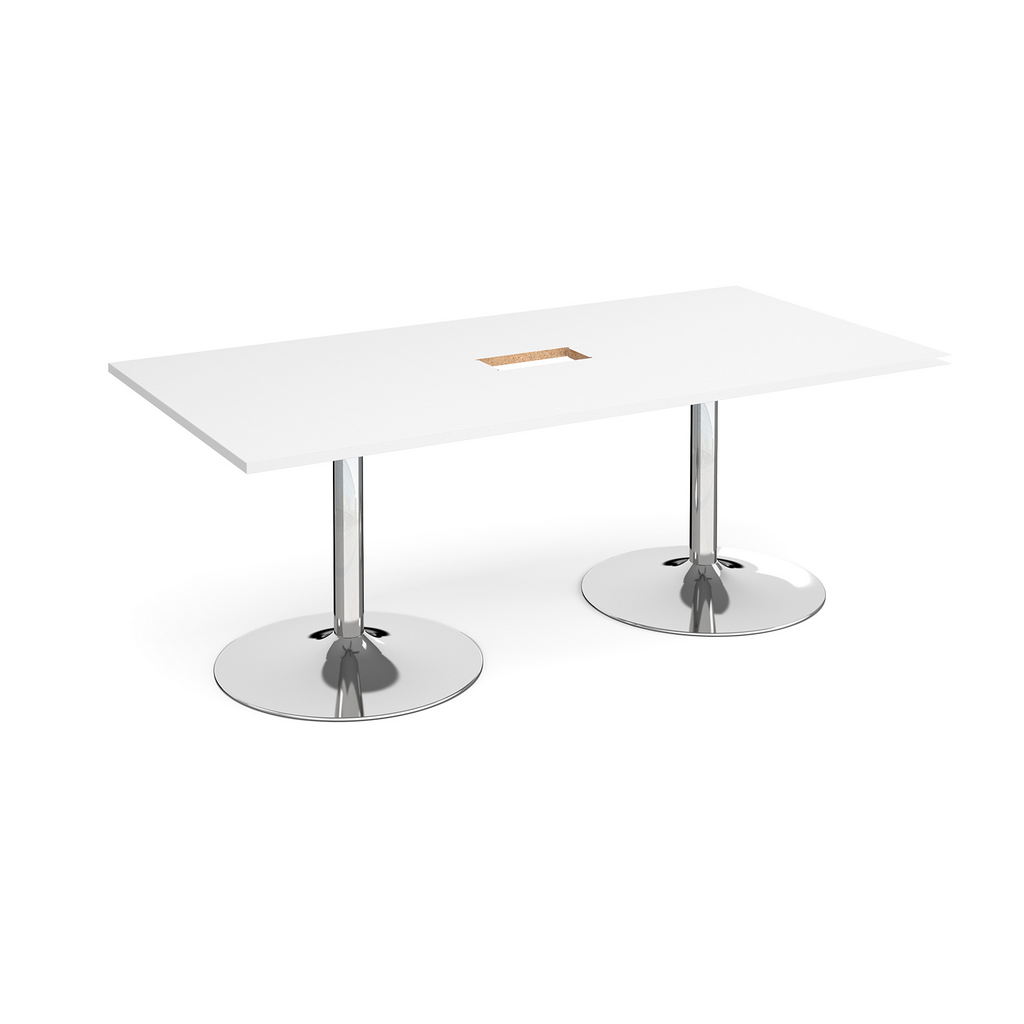 Picture of Trumpet base rectangular boardroom table 2000mm x 1000mm with central cutout 272mm x 132mm - chrome base, white top