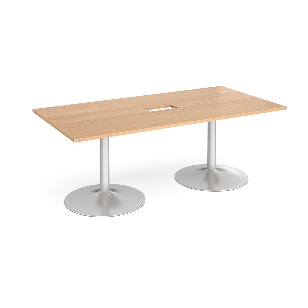 Picture of Trumpet base rectangular boardroom table 2000mm x 1000mm with central cutout 272mm x 132mm - silver base, beech top