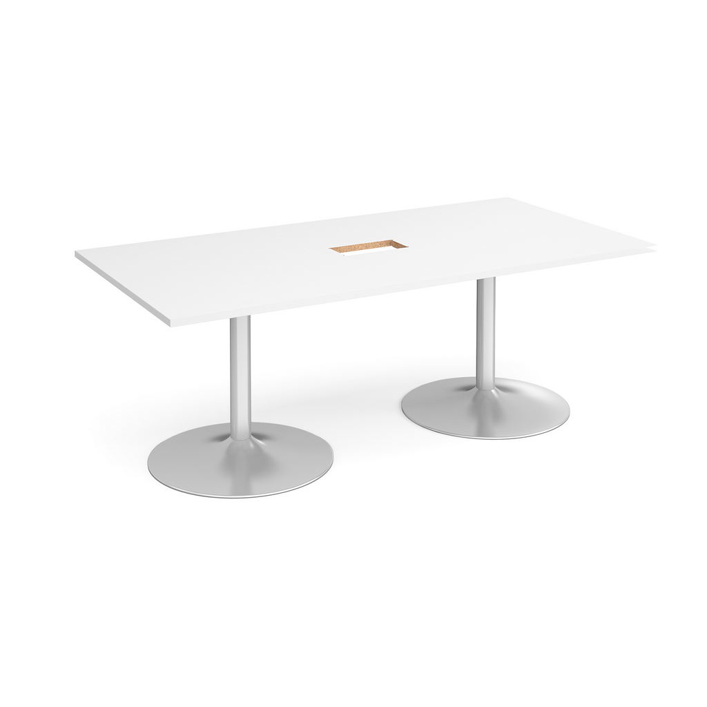 Picture of Trumpet base rectangular boardroom table 2000mm x 1000mm with central cutout 272mm x 132mm - silver base, white top