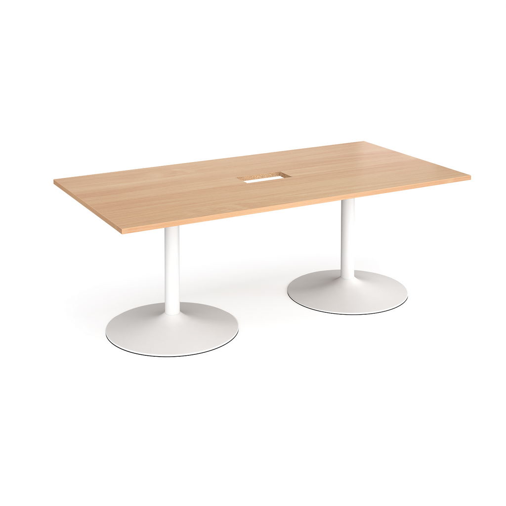 Picture of Trumpet base rectangular boardroom table 2000mm x 1000mm with central cutout 272mm x 132mm - white base, beech top