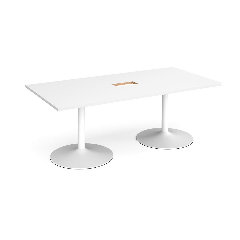 Picture of Trumpet base rectangular boardroom table 2000mm x 1000mm with central cutout 272mm x 132mm - white base, white top