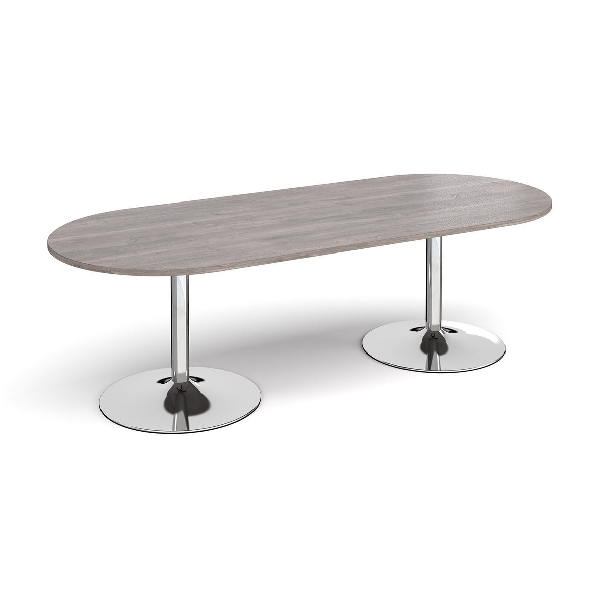 Picture of Trumpet base radial end boardroom table 2400mm x 1000mm - chrome base, grey oak top