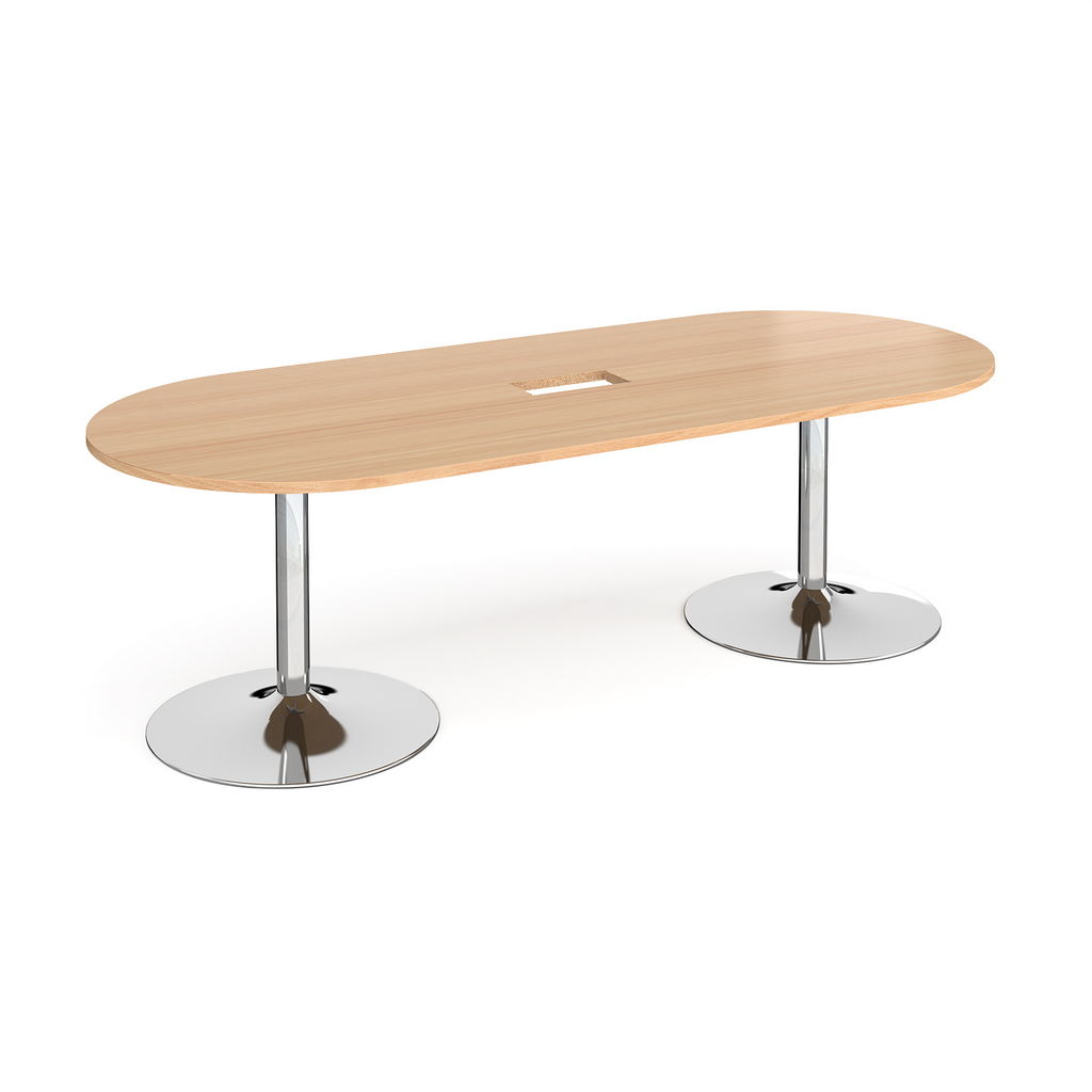 Picture of Trumpet base radial end boardroom table 2400mm x 1000mm with central cutout 272mm x 132mm - chrome base, beech top